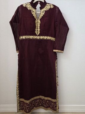 Embroidered Maroon Long Kurta with Gold Trim